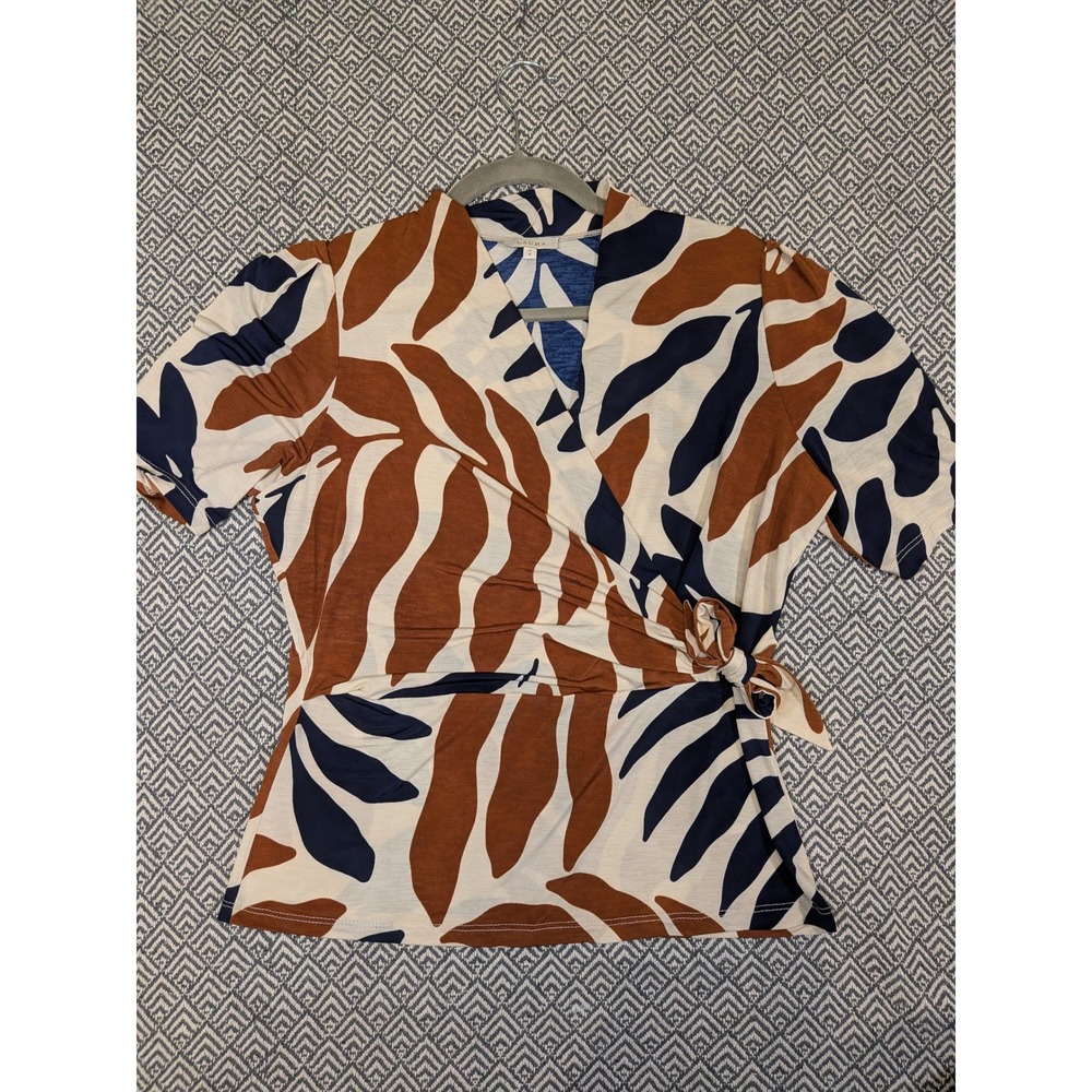 Laura Women's Tropical Leaf Print Wrap Blouse M Rust Navy Boho Side Tie Top